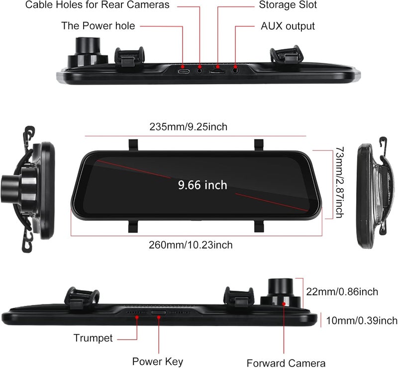 SIXTOP Mirror Dash Cam Front and Rear Camera with Apple Carplay/Android Auto 9.66 inch Mirror Backup Camera for Cars&Trucks Driving Recorder Voice Control 24-Hour Parking Monitoring Waterproof Night Vision - Image 3